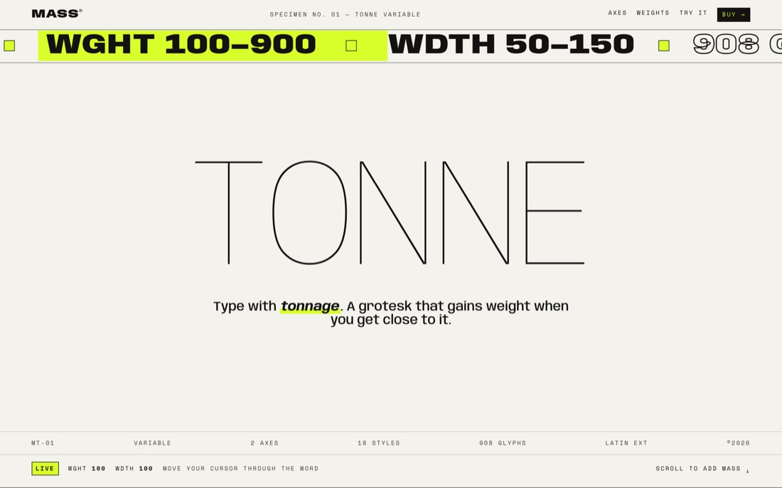 Screenshot of the final specimen hero with the ticker
